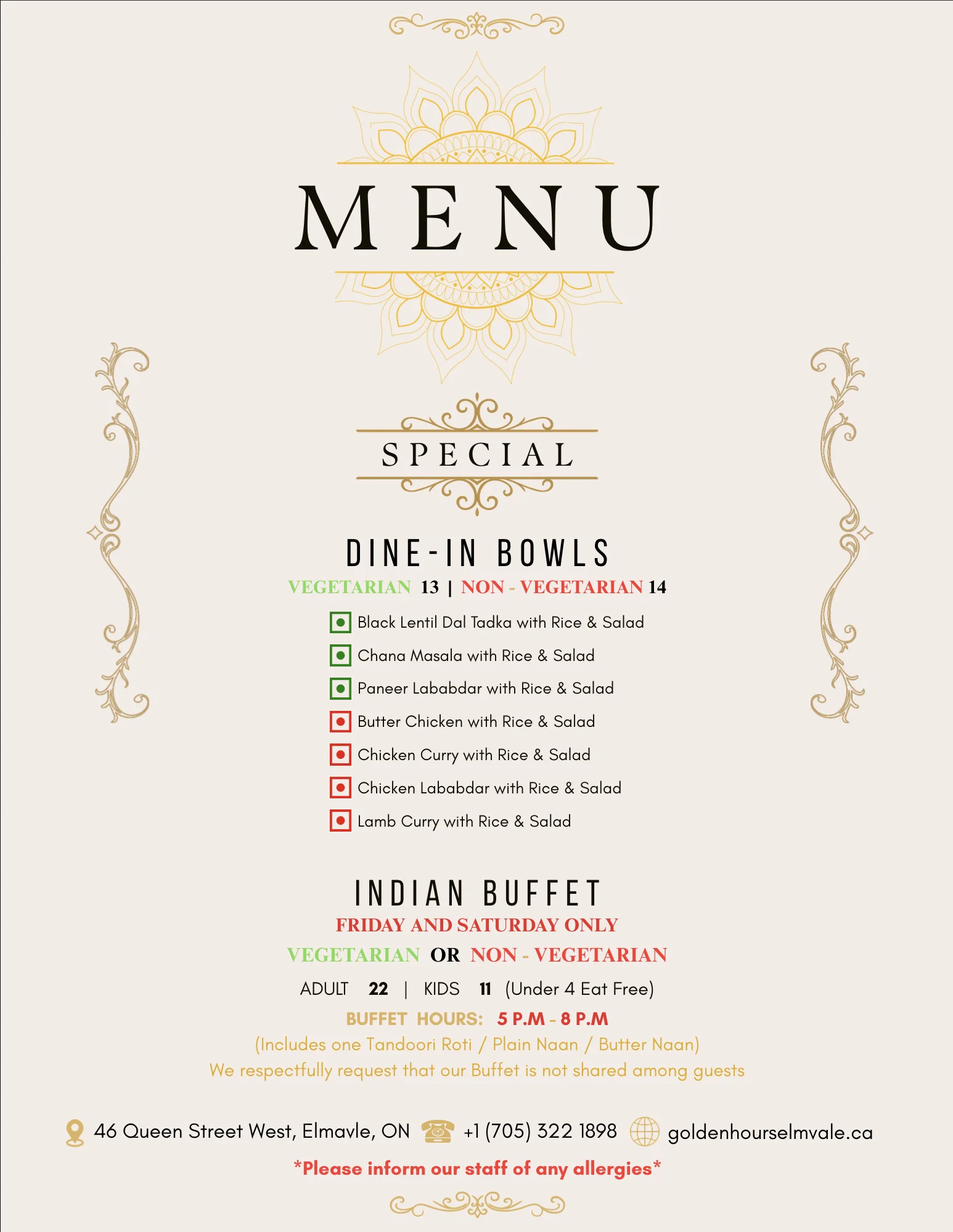 Golden Hours Indian Bistro Dine In Menu Page 1