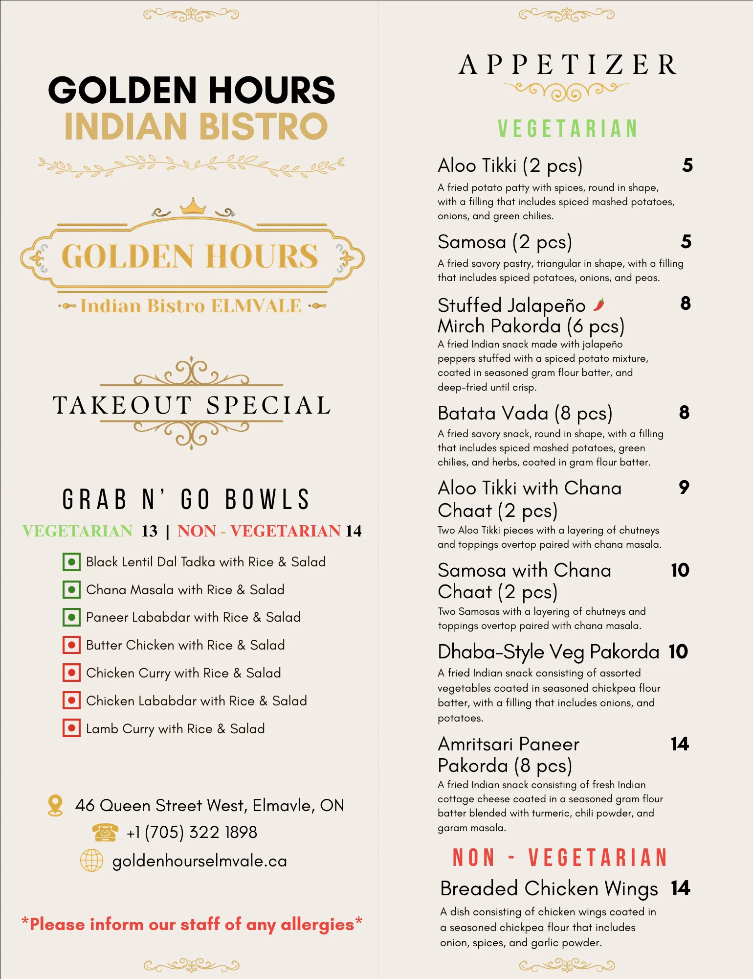 Golden Hours Indian Bistro Takeout Menu Page 1