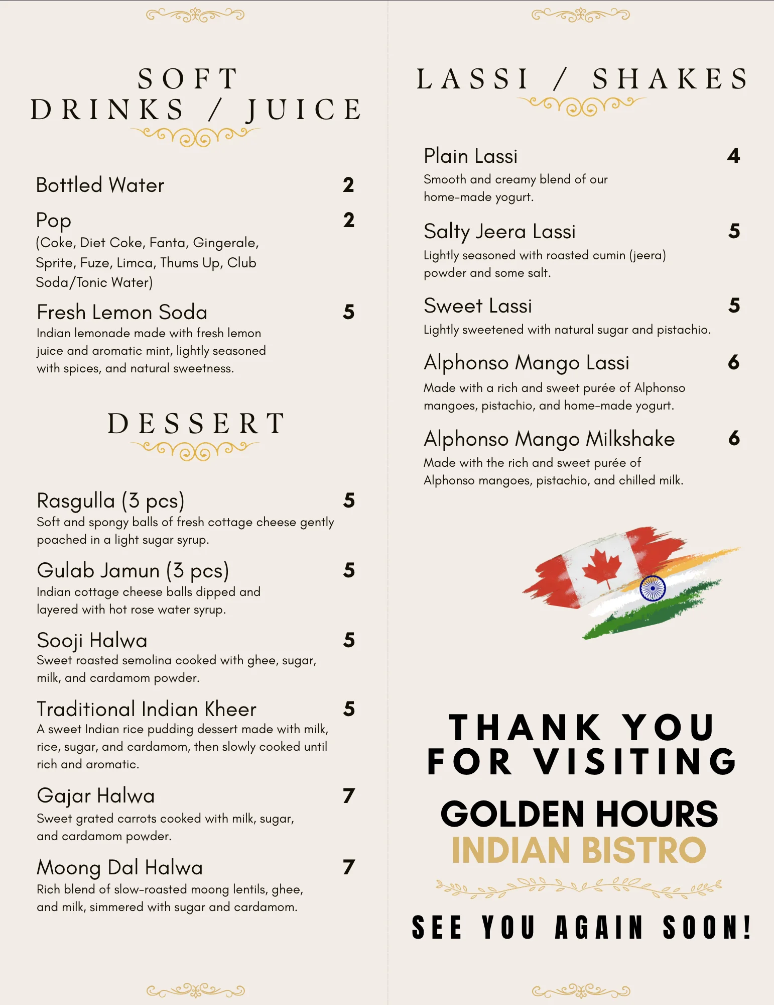 Golden Hours Indian Bistro Takeout Menu Page 2