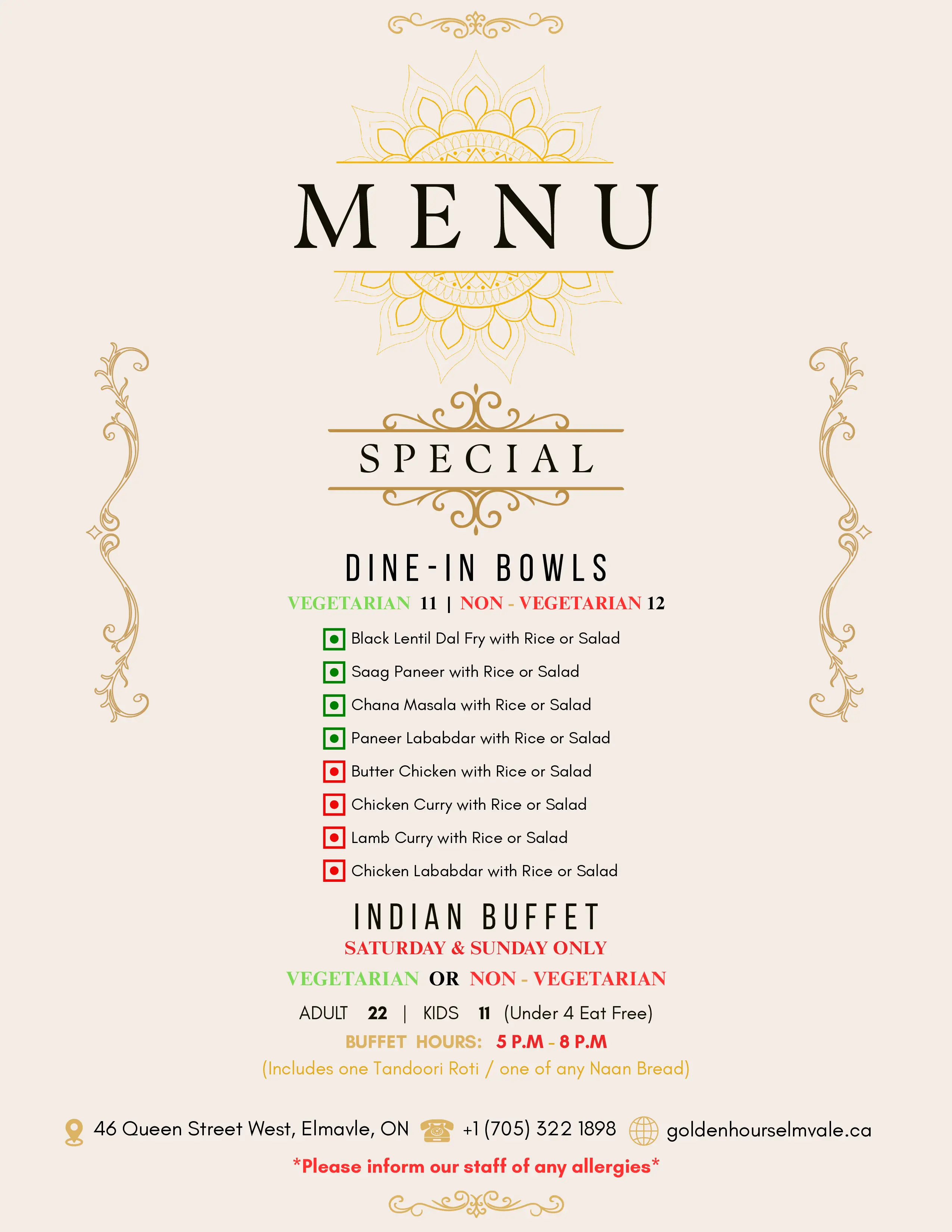 Golden Hours Indian Bistro Dine In Menu Page 1
